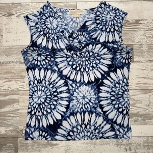 Michael Kors Petite Medium Sleeveless Abstract Floral Top Blue White V-Neck
